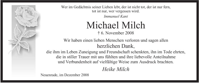 Traueranzeige für Michael Milch vom 13.12.2008 aus Tageszeitung
