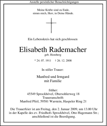 Traueranzeige von Elisabeth Rademacher von Tageszeitung