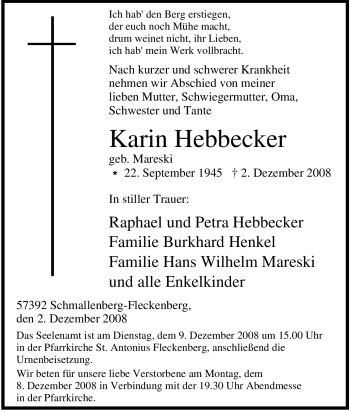 Traueranzeige von Karin Hebbecker von Tageszeitung