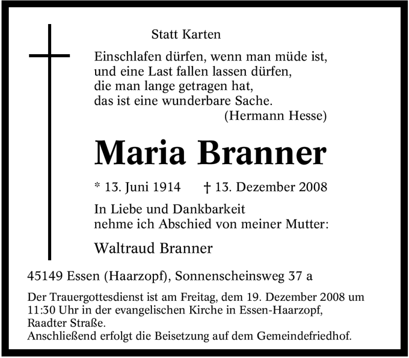  Traueranzeige für Maria Branner vom 16.12.2008 aus Tageszeitung