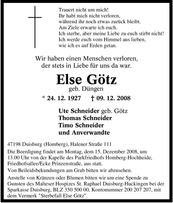 Traueranzeige von Else Götz von Tageszeitung