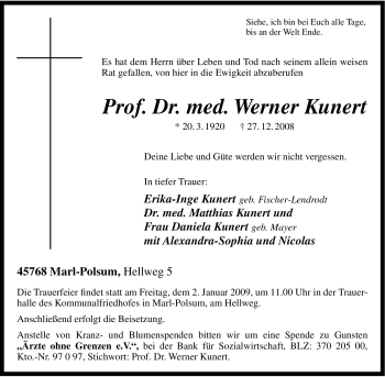 Traueranzeige von Werner Kunert von Tageszeitung