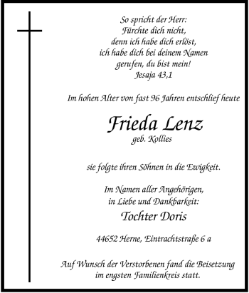 Traueranzeige von Frieda Lenz von Tageszeitung