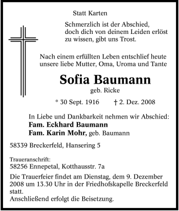 Traueranzeige von Sofia Baumann von Tageszeitung