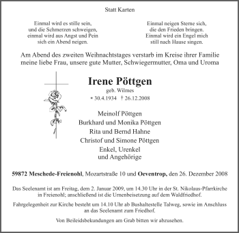 Traueranzeige von Irene Pöttgen von Tageszeitung
