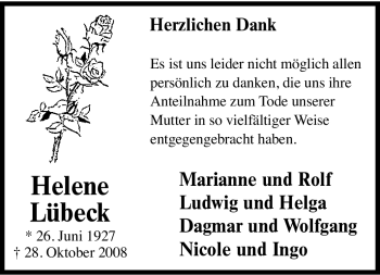 Traueranzeige von Helene Lübeck von Tageszeitung