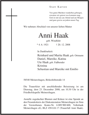 Traueranzeige von Anni Haak von Tageszeitung