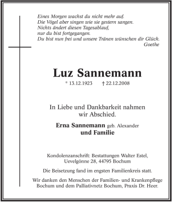 Traueranzeige von Luz Sannemann von Tageszeitung