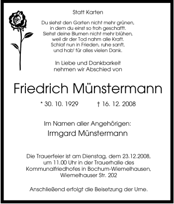 Traueranzeige von Friedrich Münstermann von Tageszeitung