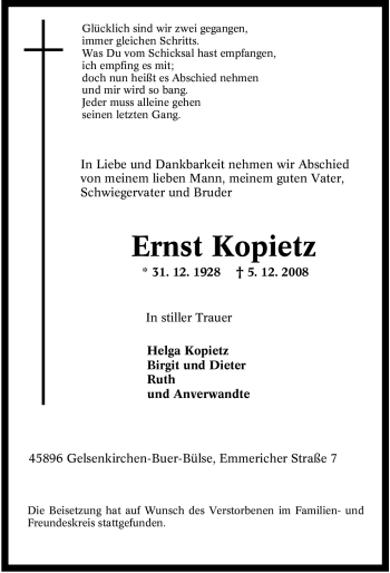 Traueranzeige von Ernst Kopietz von Tageszeitung