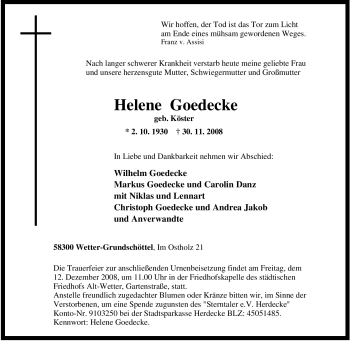 Traueranzeige von Helene Goedecke von Tageszeitung