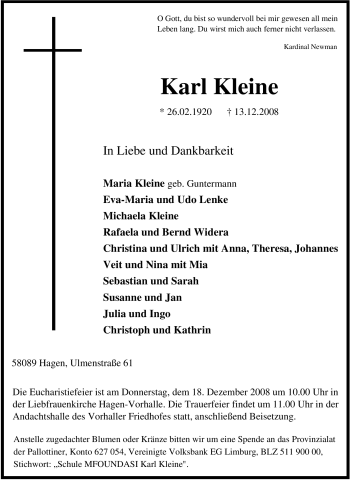 Traueranzeige von Karl Kleine von Tageszeitung