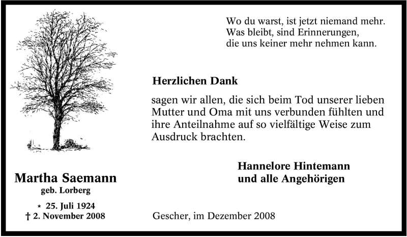  Traueranzeige für Martha Saemann vom 12.12.2008 aus Tageszeitung