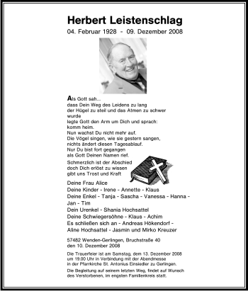 Traueranzeige von Herbert Leistenschlag von Tageszeitung