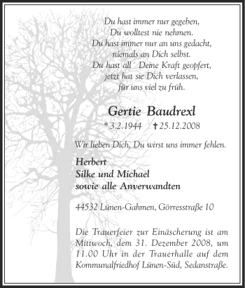 Traueranzeige von Gertie Baudrexl von Tageszeitung