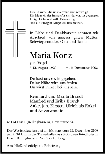Traueranzeige von Maria Konz von Tageszeitung