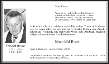 Traueranzeige von Friedel Risse von Tageszeitung