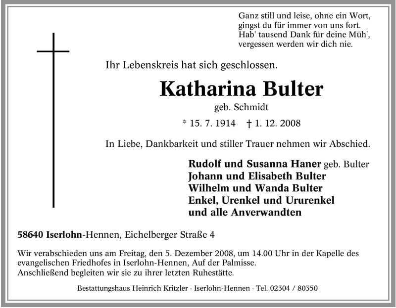  Traueranzeige für Katharina Bulter vom 03.12.2008 aus Tageszeitung