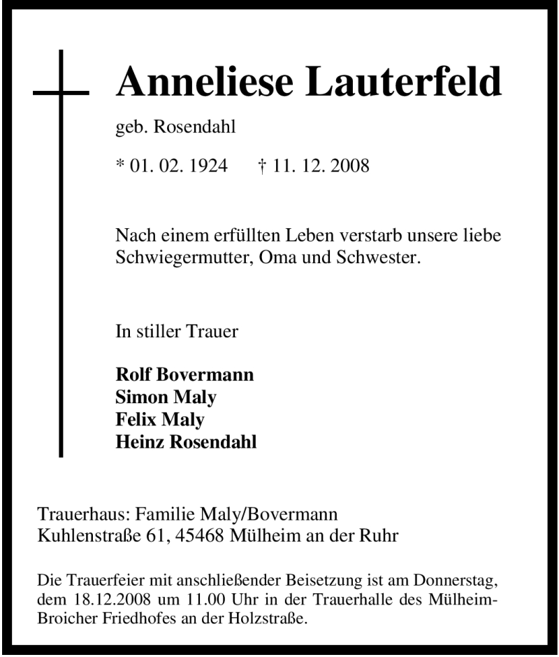  Traueranzeige für Anneliese Lauterfeld vom 16.12.2008 aus Tageszeitung
