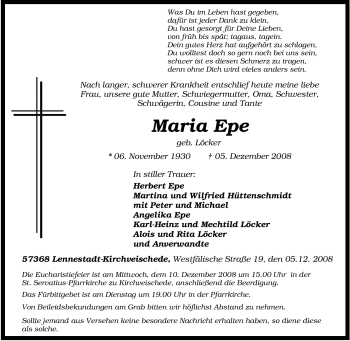 Traueranzeige von Maria Epe von Tageszeitung