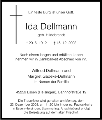 Traueranzeige von Ida Dellmann von Tageszeitung