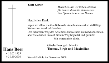 Traueranzeige von Hans Beer von Tageszeitung