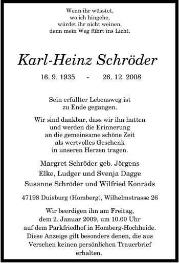 Traueranzeige von Karl-Heinz Schröder von Tageszeitung