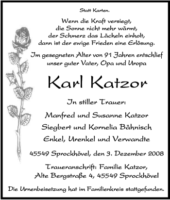 Traueranzeige von KArl Katzor von Tageszeitung