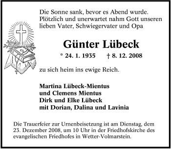 Traueranzeige von Günter Lübeck von Tageszeitung