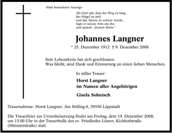 Traueranzeige von Johannes Langner von Tageszeitung