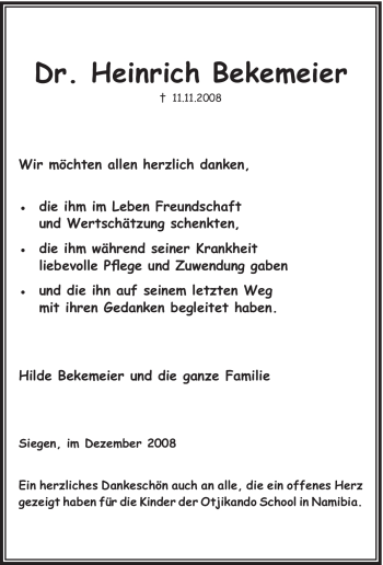 Traueranzeige von Heinrich Bekemeier von Tageszeitung
