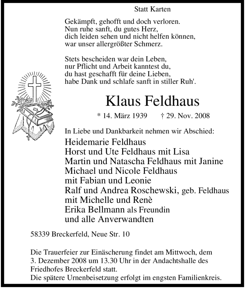  Traueranzeige für Klaus Feldhaus vom 01.12.2008 aus Tageszeitung