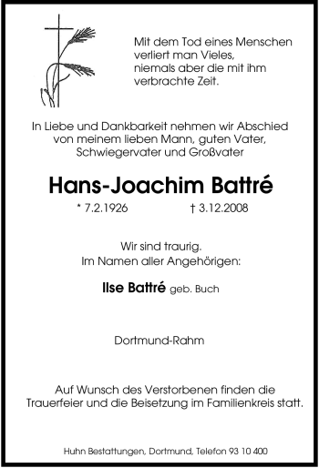 Traueranzeige von Hans-Joachim Battré von Tageszeitung