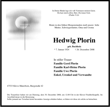 Traueranzeige von Hedwig Plorin von Tageszeitung