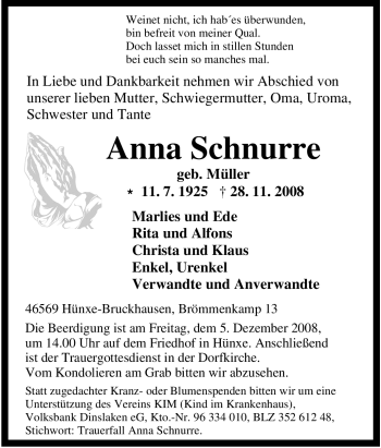 Traueranzeige von Anna Schnurre von Tageszeitung