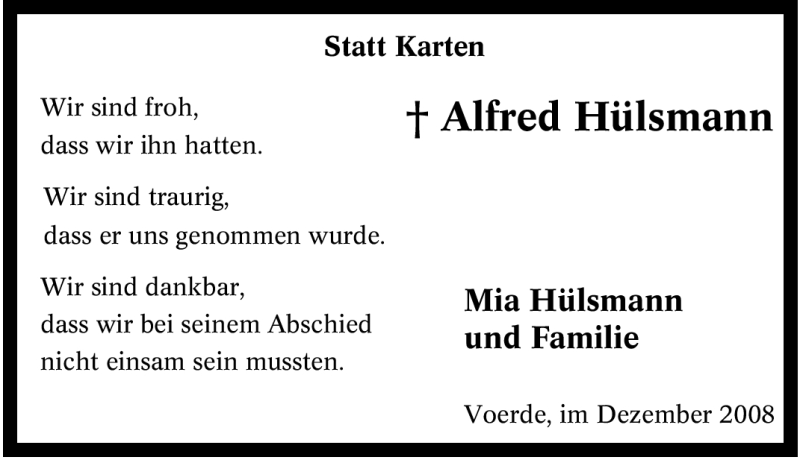  Traueranzeige für Alfred Hülsmann vom 16.12.2008 aus Tageszeitung
