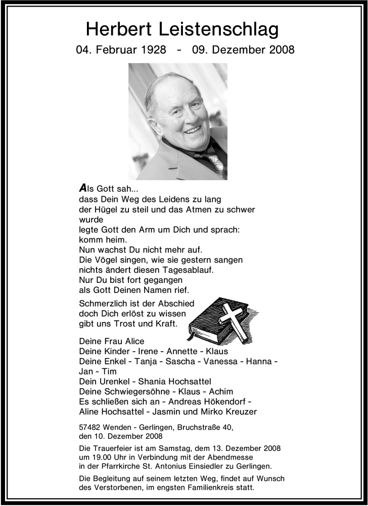  Traueranzeige für Herbert Leistenschlag vom 11.12.2008 aus Tageszeitung