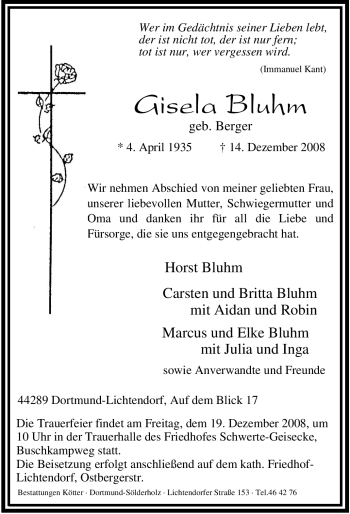 Traueranzeige von Gisela Bluhm von Tageszeitung