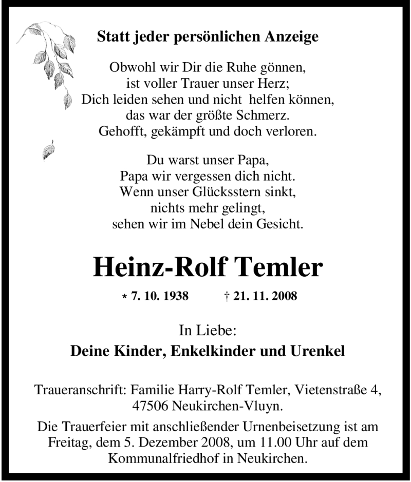  Traueranzeige für Heinz-Rolf Temler vom 03.12.2008 aus Tageszeitung