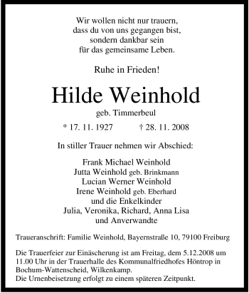 Traueranzeige von Hilde Weinhold von Tageszeitung