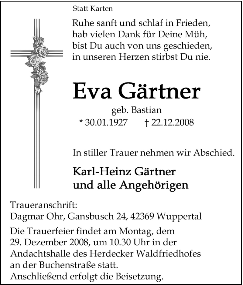 Traueranzeigen von Eva Gärtner TrauerinNRW.de