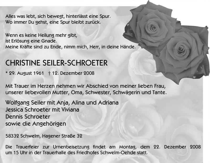  Traueranzeige für Christine Seiler-Schroeter vom 17.12.2008 aus Tageszeitung