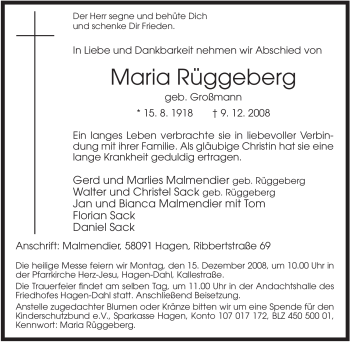 Traueranzeige von Maria Rüggeberg von Tageszeitung