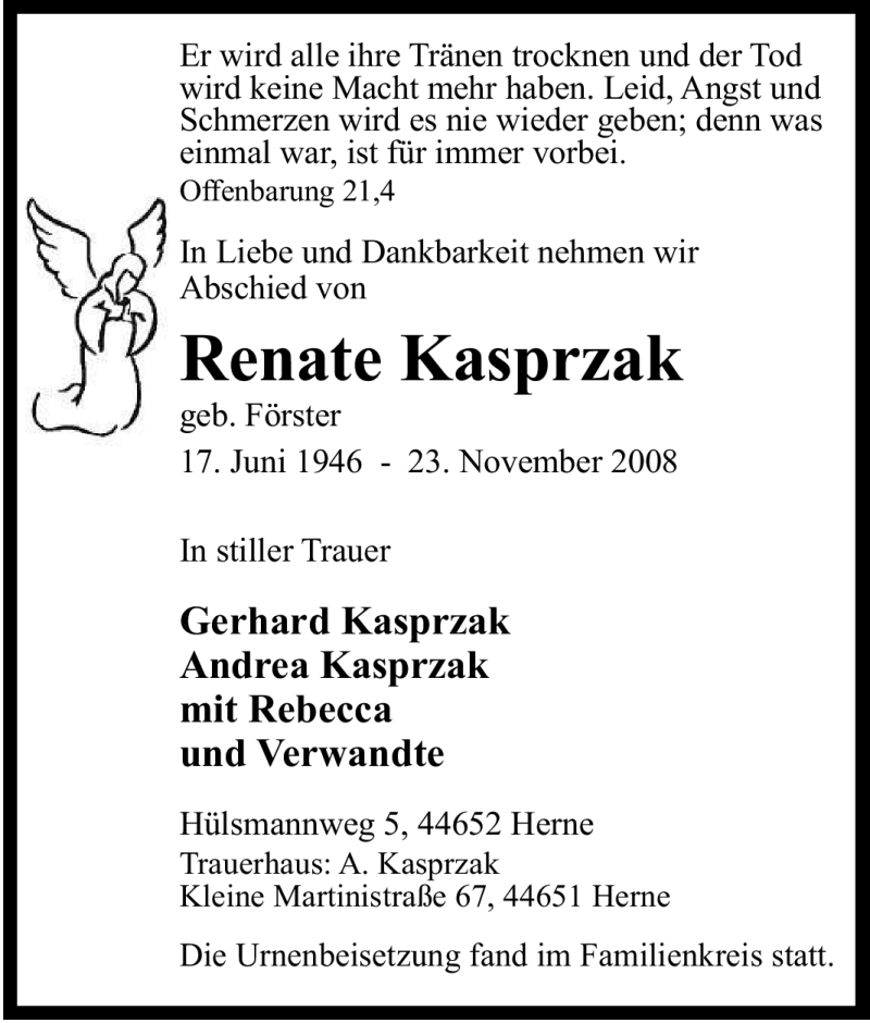  Traueranzeige für Renate Kasprzak vom 03.12.2008 aus Tageszeitung