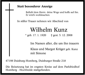 Traueranzeige von Wilhelm Kunz von Tageszeitung
