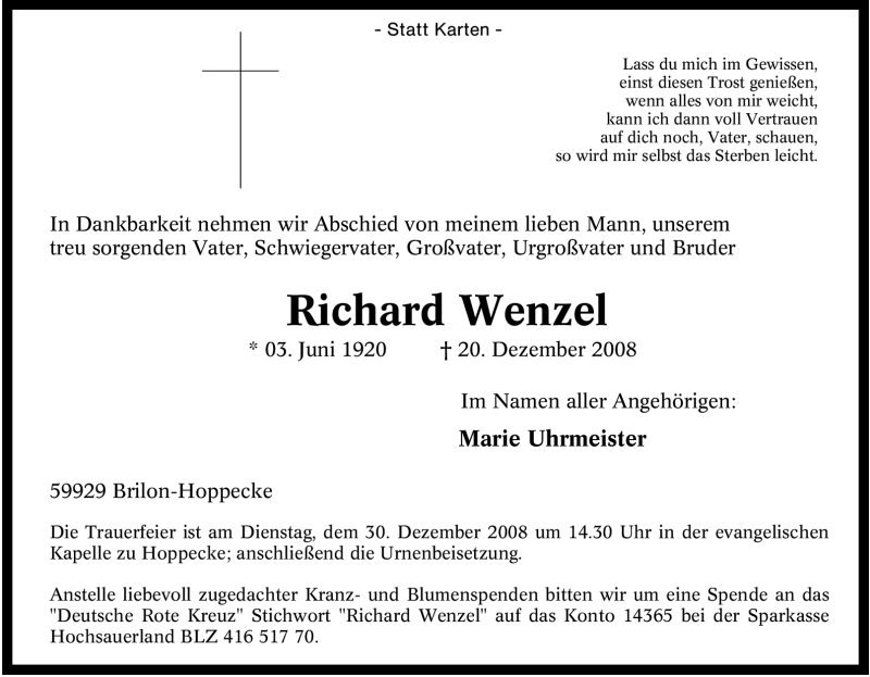  Traueranzeige für Richard Wenzel vom 27.12.2008 aus Tageszeitung