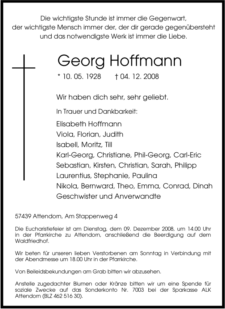  Traueranzeige für Georg Hoffmann vom 05.12.2008 aus Tageszeitung
