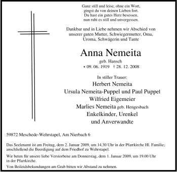 Traueranzeige von Anna Nemeita von Tageszeitung