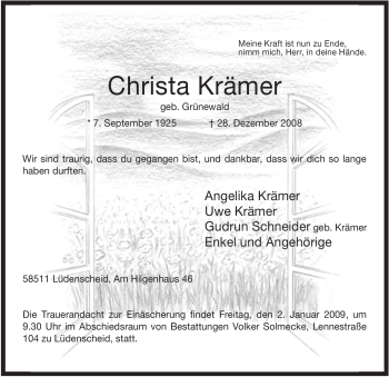 Traueranzeige von Christa Krämer von Tageszeitung