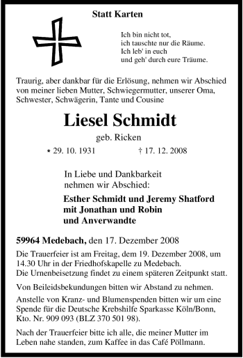 Traueranzeige von Liesel Schmidt von Tageszeitung